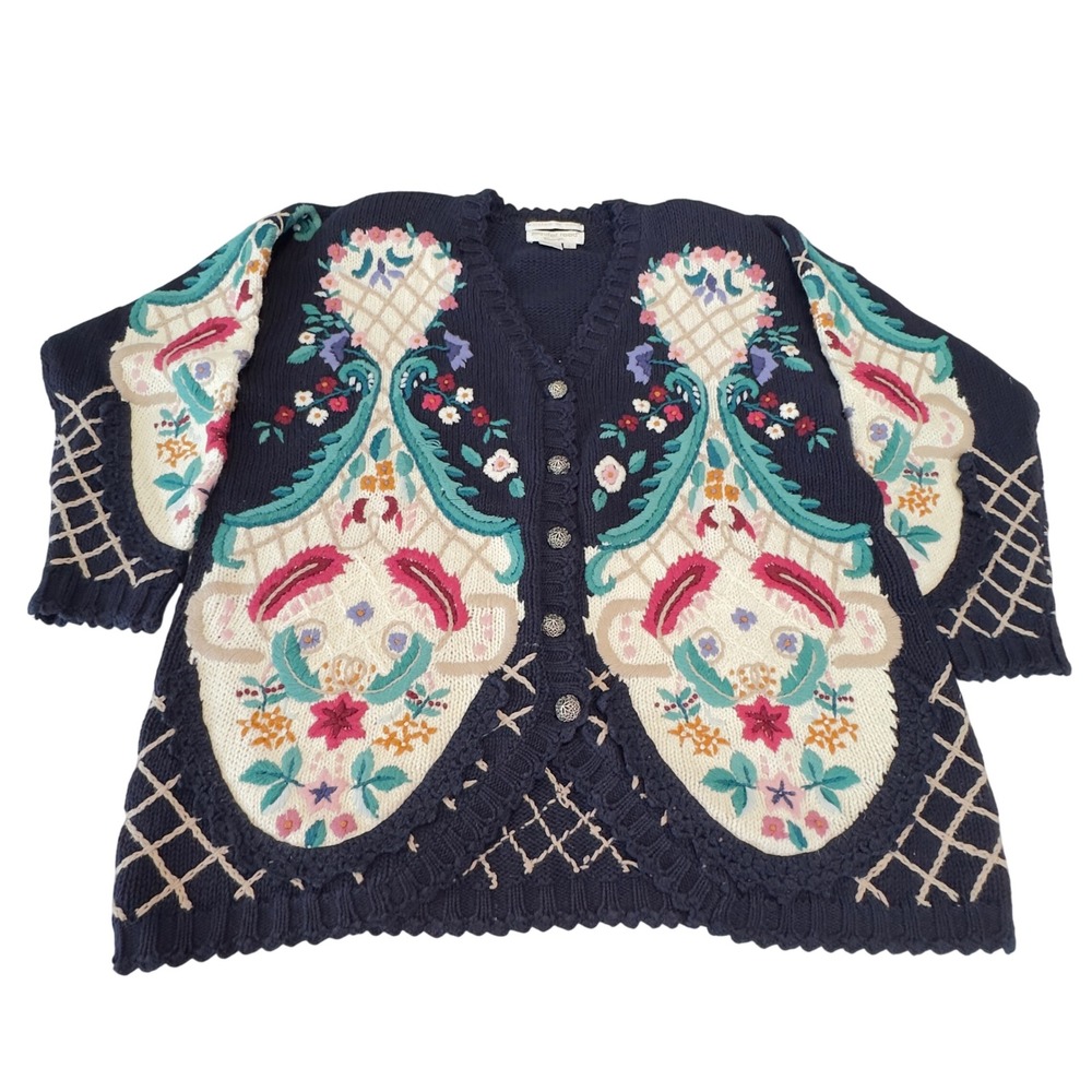 Jennifer Reed Hand Knitted Floral Paisley Cardigan Navy Blue Cotton Ramie Large‎
